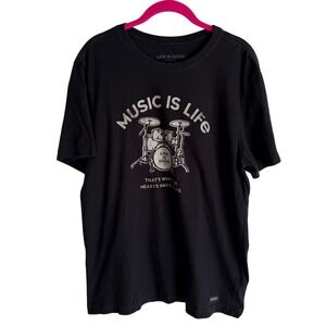 LIFE IS GOOD "Music is‎ Life" Drumset Black Mens Crusher Tee, M